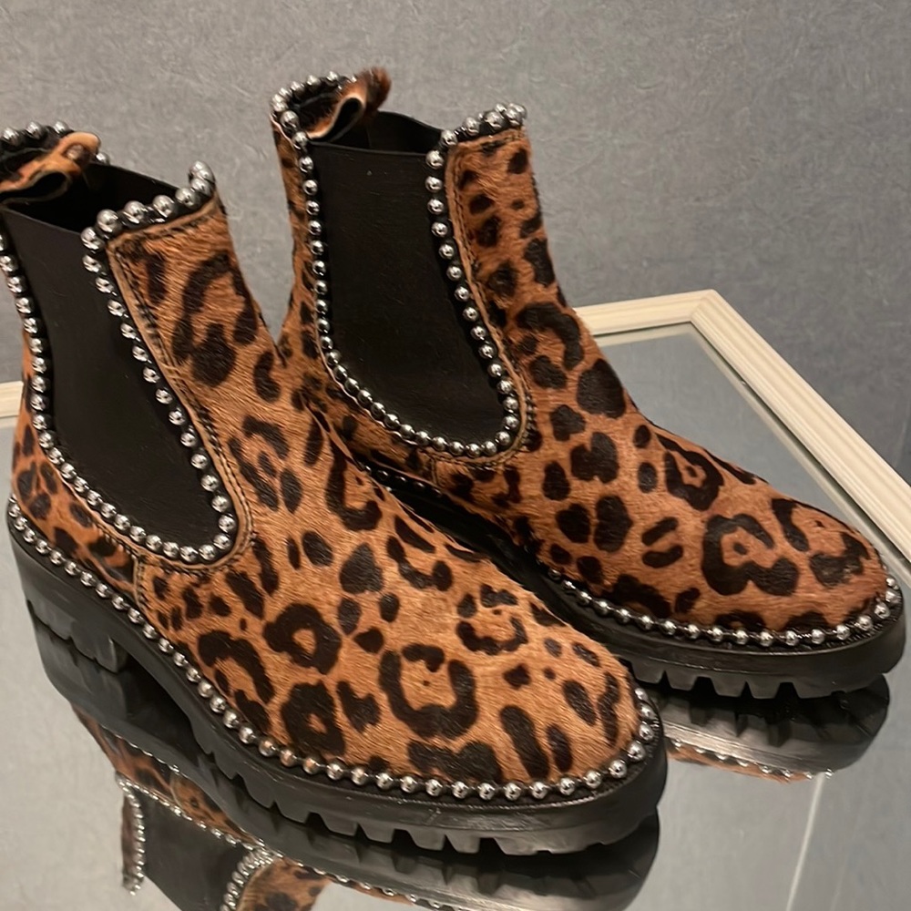 ALEXANDER WANG leopard cowhide boots with stud details. Size 6